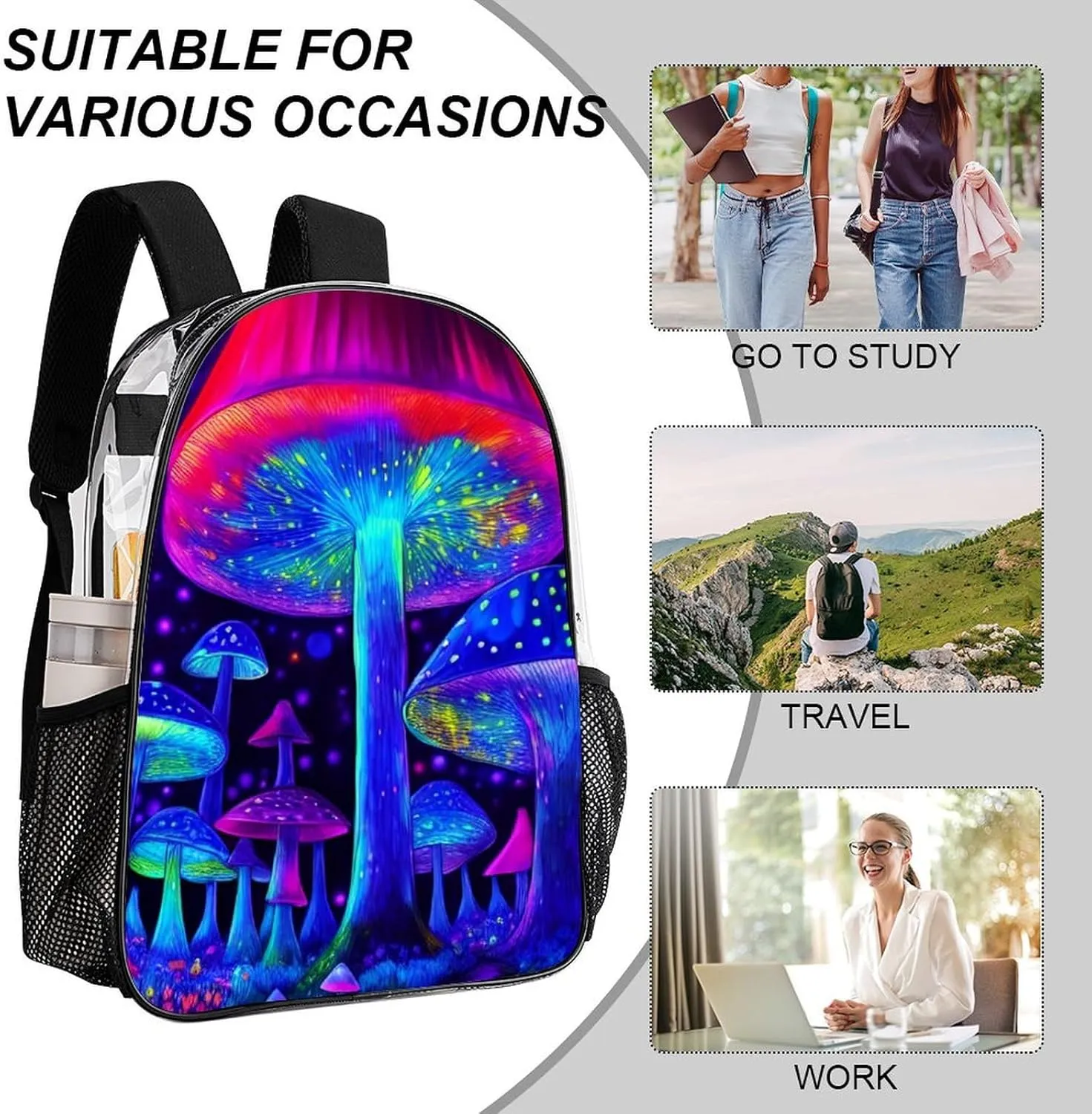 Men & Women Lightweight Magic Mushrooms Fairytale Mushrooms Scenery Psychedelic Art Casual Daypack Large Capacity Bookbag Transparent Bag for Gym Business Bicycle