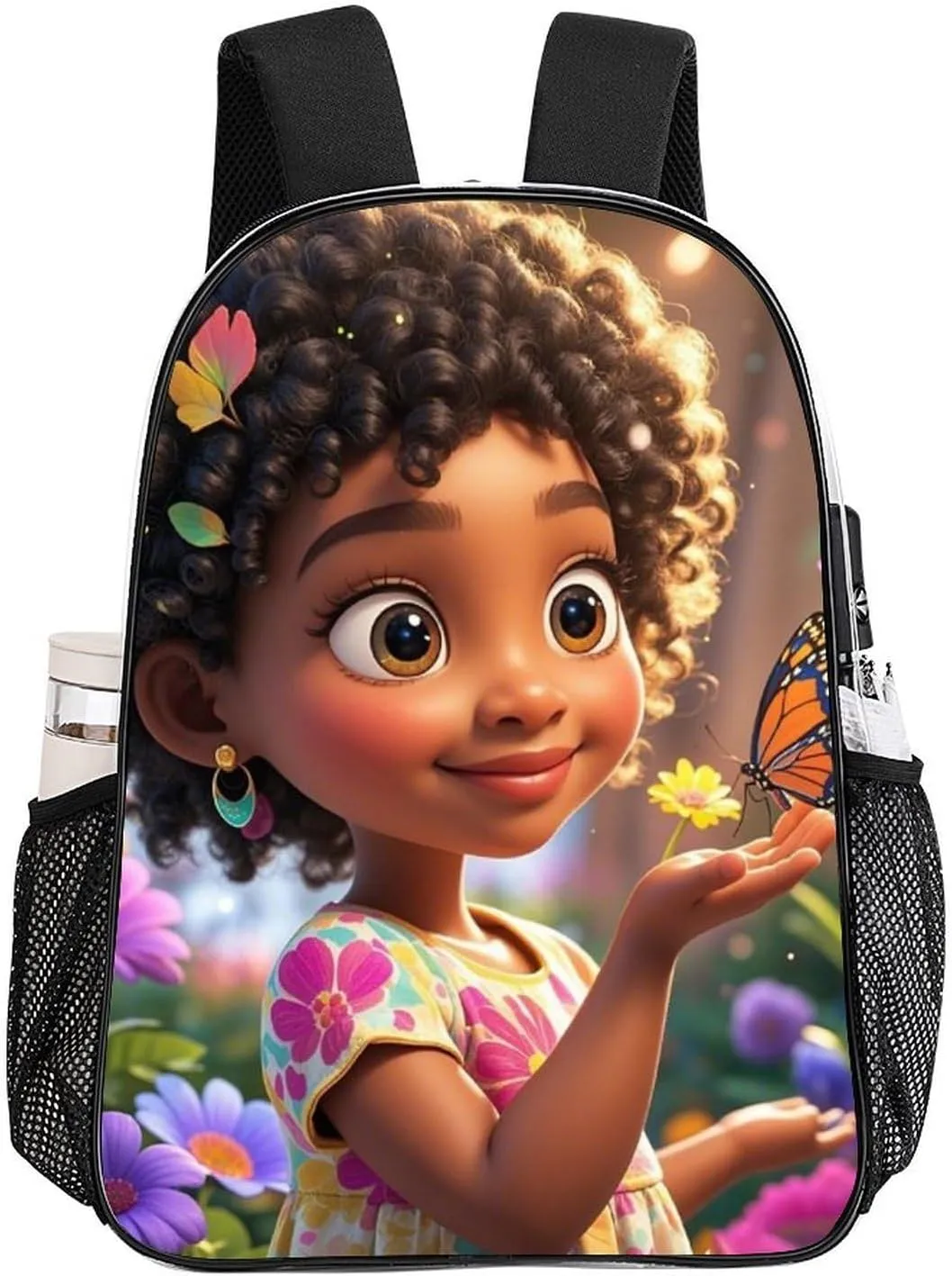 Men & Women Transparent Colorful Afro American Black Women With Butterflies Art Backpack Large Capacity Bookbag With Smooth Zippers for Climbing Picnic Bicycle