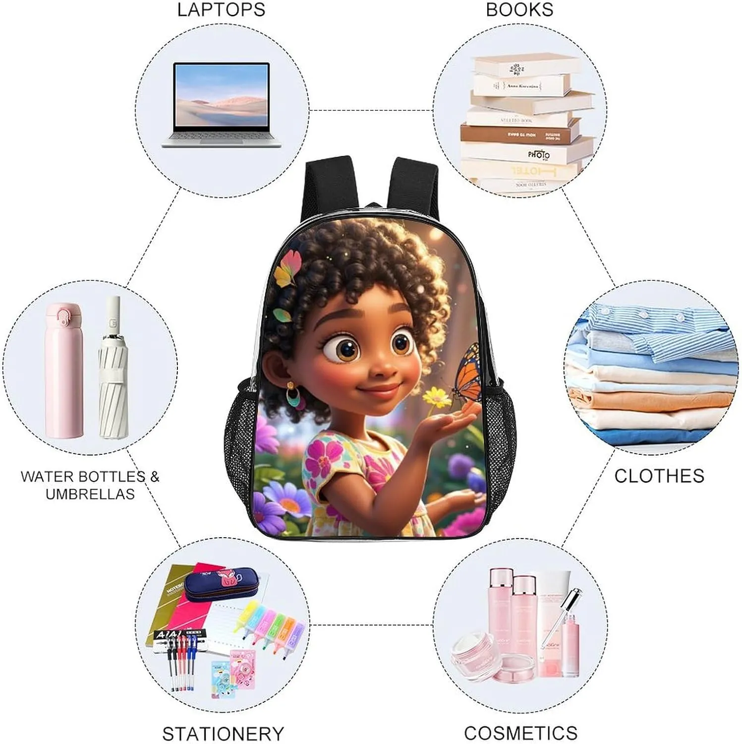 Men & Women Transparent Colorful Afro American Black Women With Butterflies Art Backpack Large Capacity Bookbag With Smooth Zippers for Climbing Picnic Bicycle