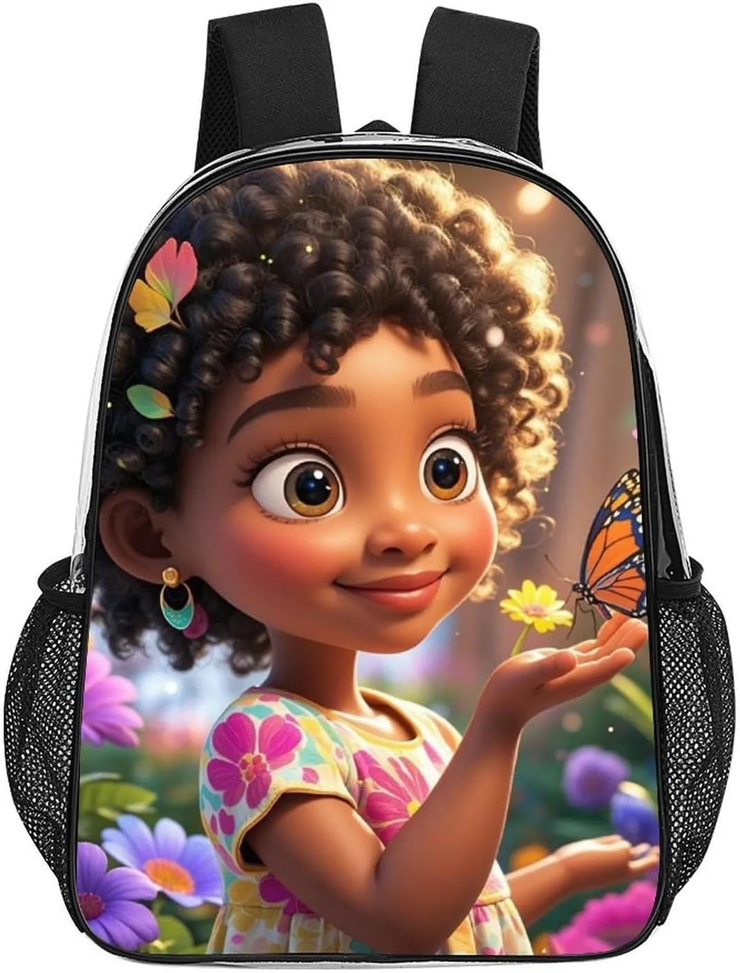 Men & Women Transparent Colorful Afro American Black Women With Butterflies Art Backpack Large Capacity Bookbag With Smooth Zippers for Climbing Picnic Bicycle
