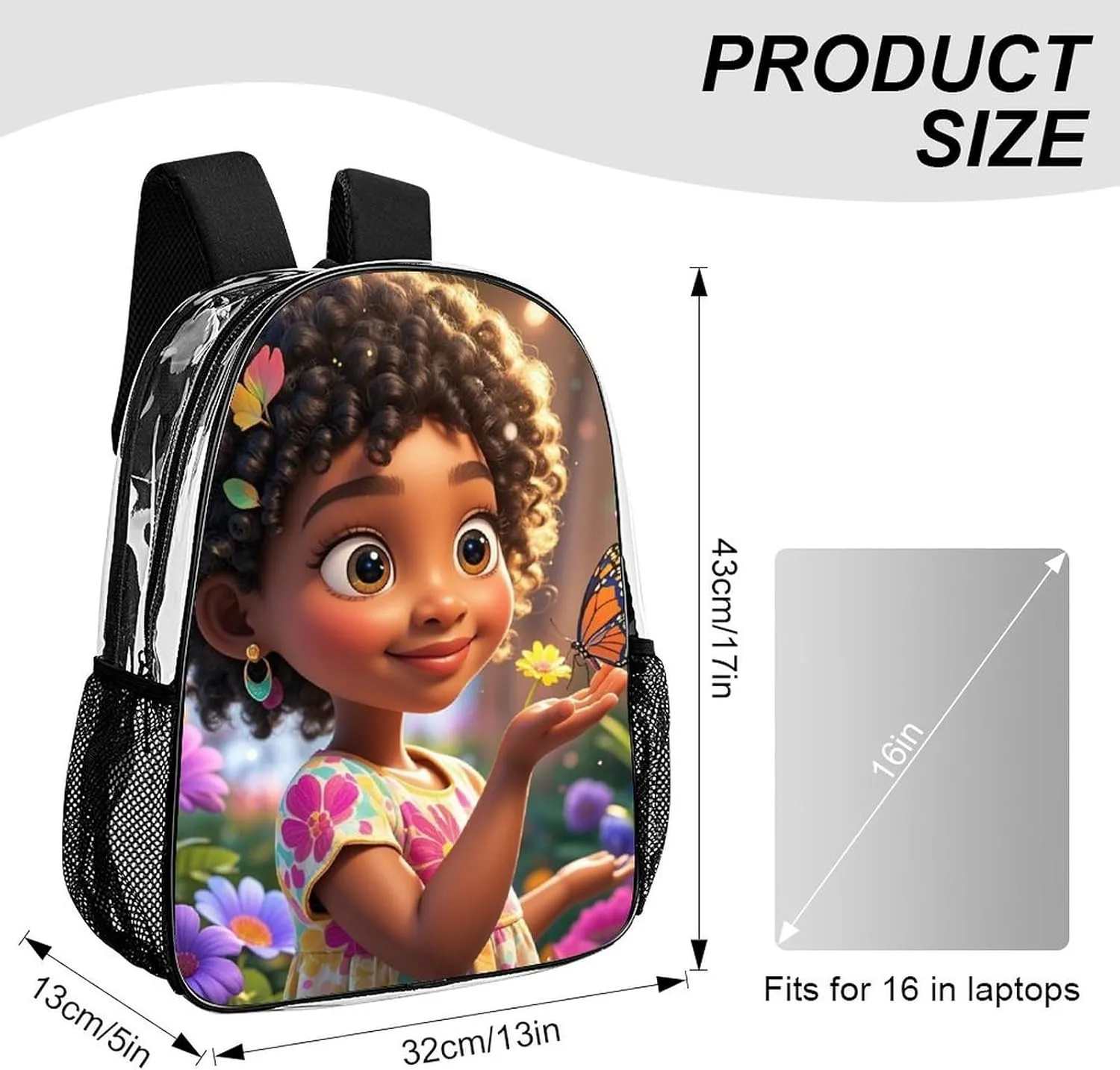 Men & Women Transparent Colorful Afro American Black Women With Butterflies Art Backpack Large Capacity Bookbag With Smooth Zippers for Climbing Picnic Bicycle