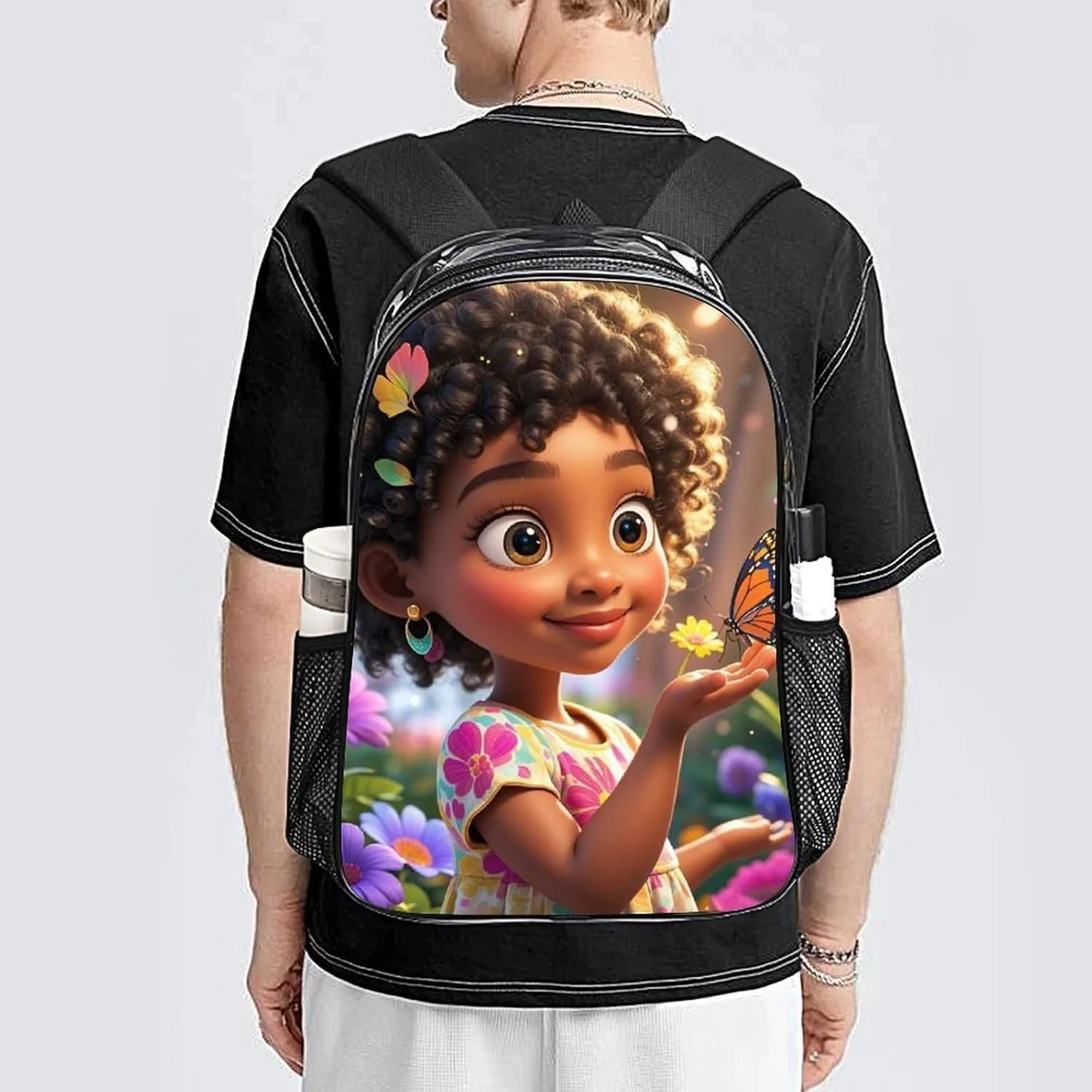 Men & Women Transparent Colorful Afro American Black Women With Butterflies Art Backpack Large Capacity Bookbag With Smooth Zippers for Climbing Picnic Bicycle