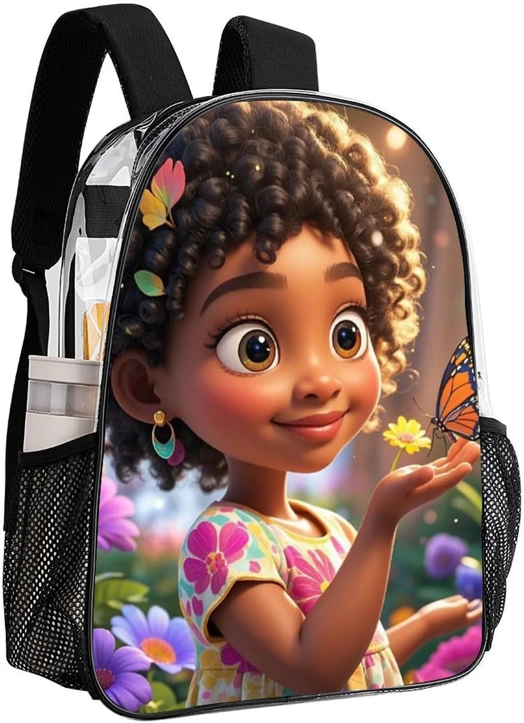 Men & Women Transparent Colorful Afro American Black Women With Butterflies Art Backpack Large Capacity Bookbag With Smooth Zippers for Climbing Picnic Bicycle