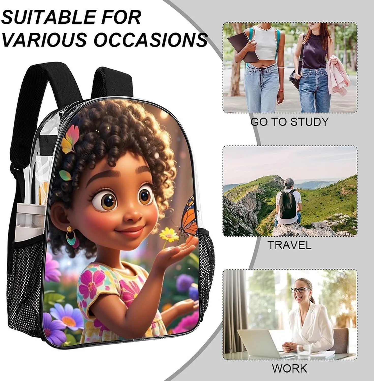 Men & Women Transparent Colorful Afro American Black Women With Butterflies Art Backpack Large Capacity Bookbag With Smooth Zippers for Climbing Picnic Bicycle