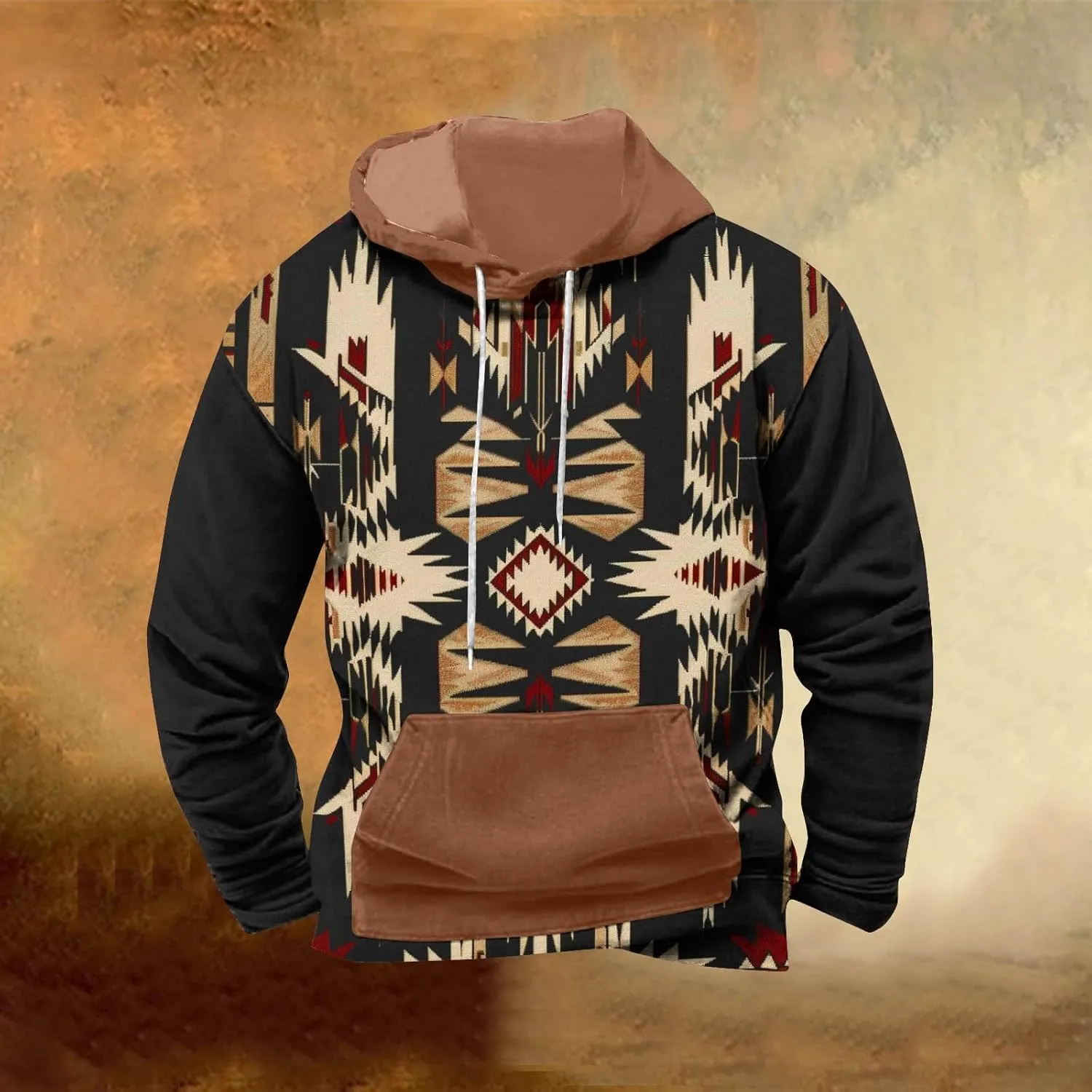 Men Sweatshirts Western Aztec Long Sleeve Hoodie Drawstraing Big and Tall Vintage Casual Pullover Tops