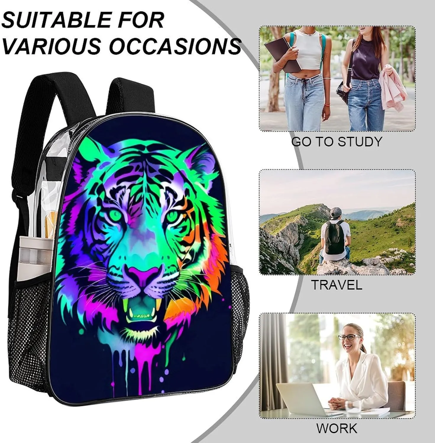 Men Women Lightweight Colorful Abstract King Of The Tiger Watercolor Art Backpack Large Capacity Bookbag Transparent Bag for Gym Business Running