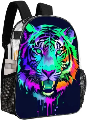Men Women Lightweight Colorful Abstract King Of The Tiger Watercolor Art Backpack Large Capacity Bookbag Transparent Bag for Gym Business Running