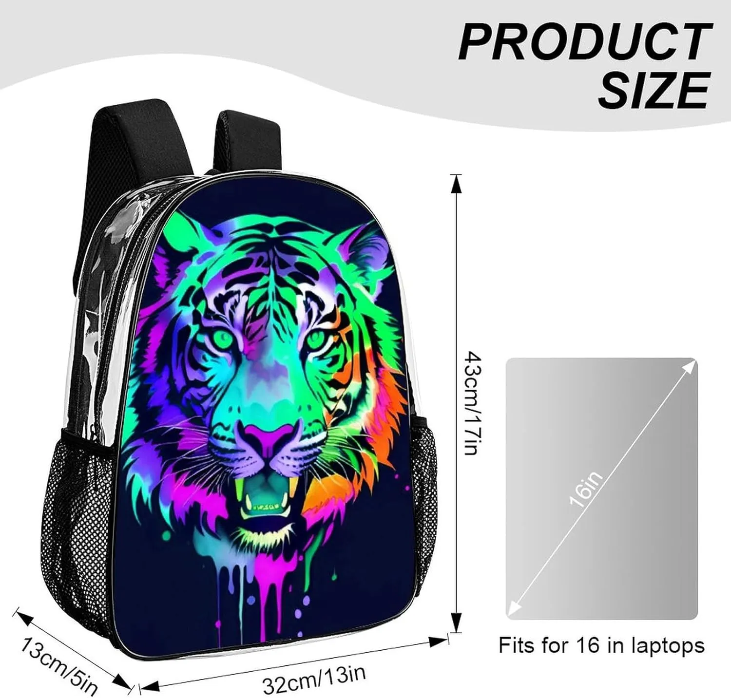 Men Women Lightweight Colorful Abstract King Of The Tiger Watercolor Art Backpack Large Capacity Bookbag Transparent Bag for Gym Business Running