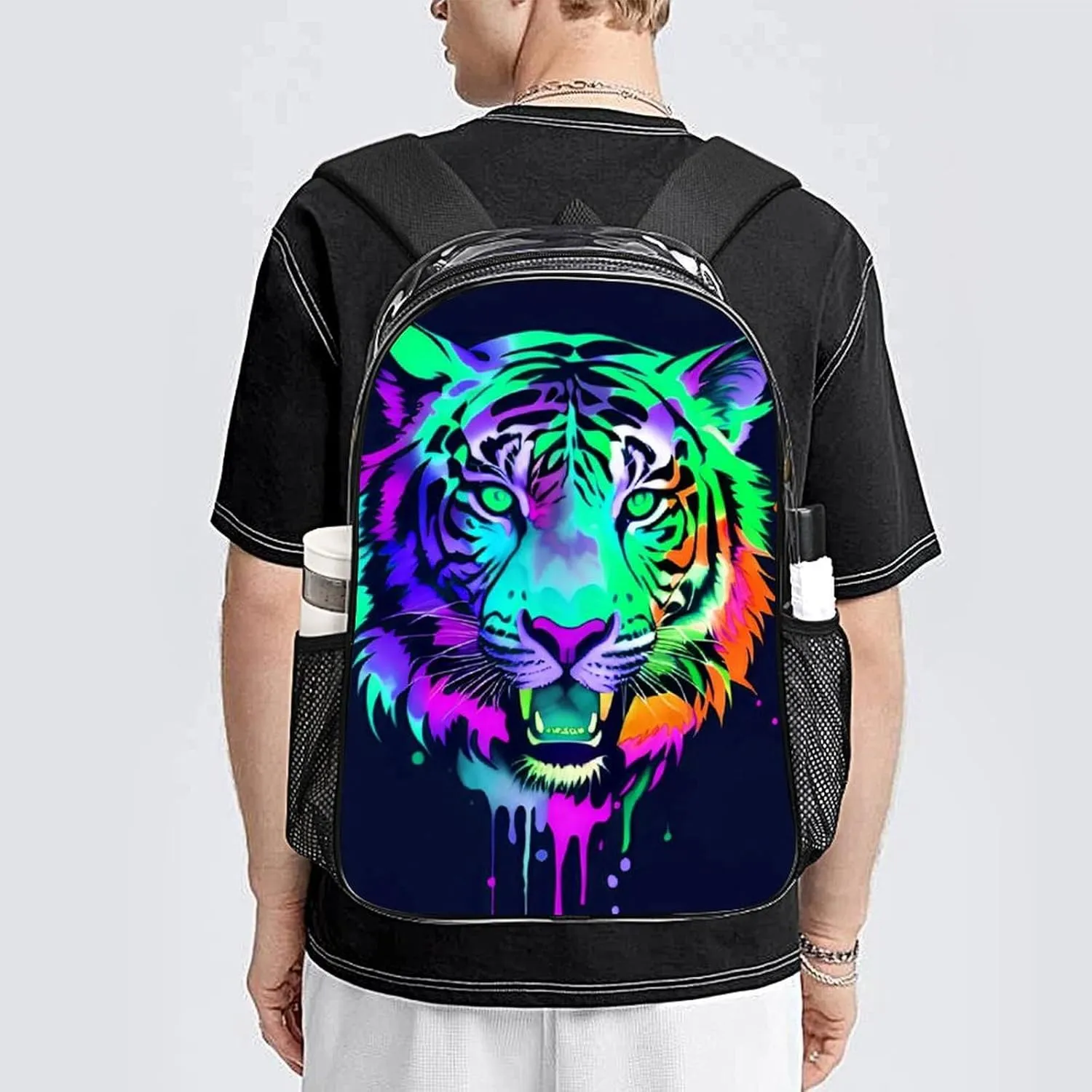 Men Women Lightweight Colorful Abstract King Of The Tiger Watercolor Art Backpack Large Capacity Bookbag Transparent Bag for Gym Business Running