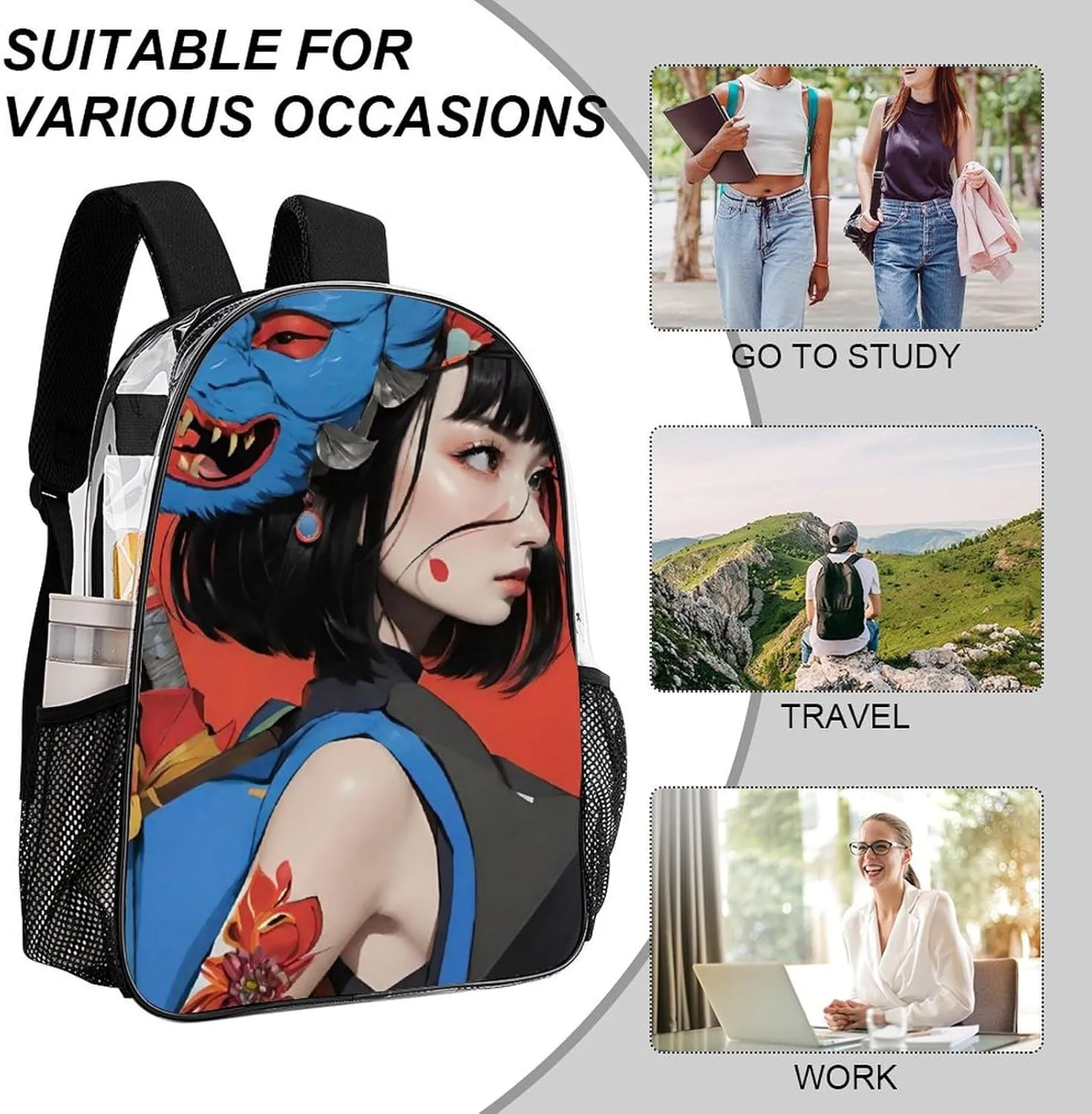Men Women Lightweight Japan Anime Cute Aesthetic Women Warrior Art Backpack Large Capacity Bookbag Transparent Bag for Gym Business Running