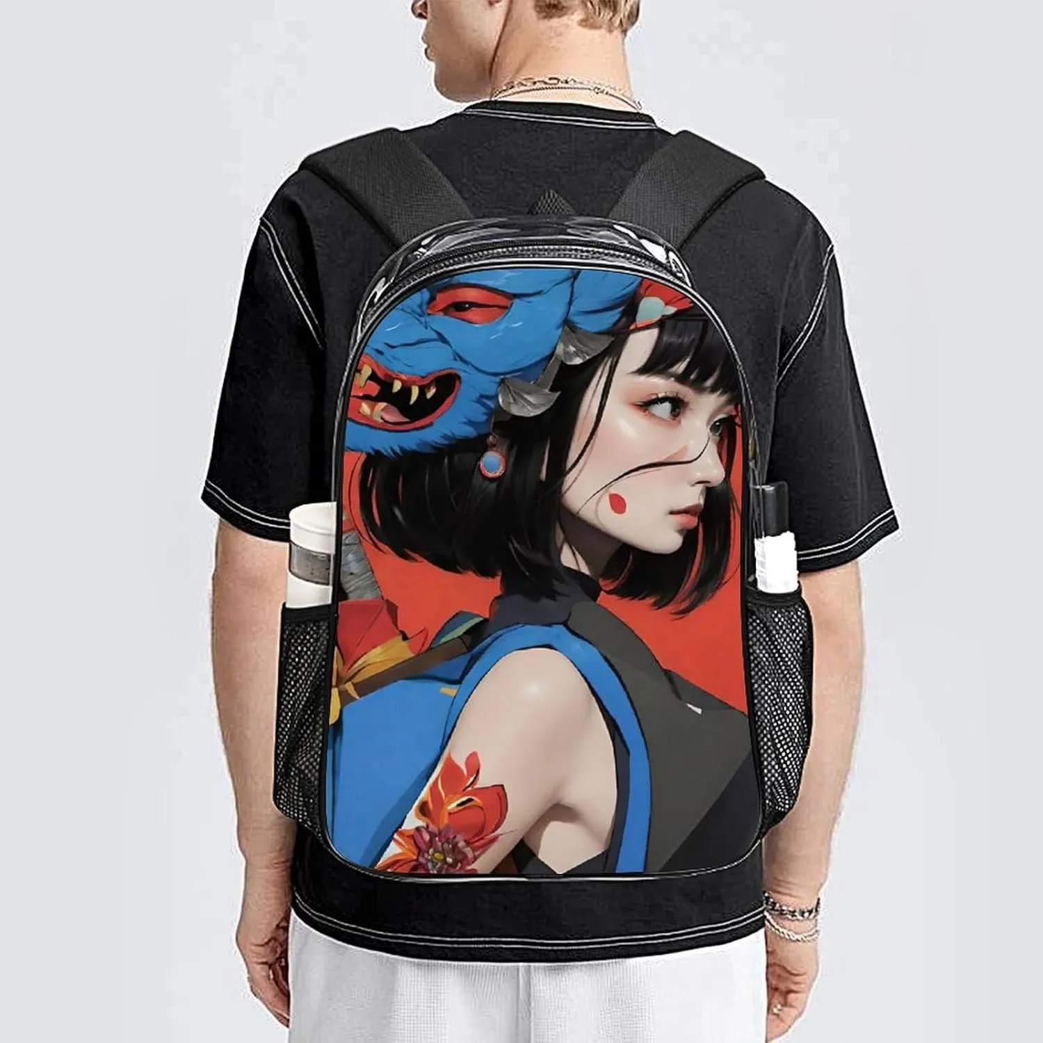 Men Women Lightweight Japan Anime Cute Aesthetic Women Warrior Art Backpack Large Capacity Bookbag Transparent Bag for Gym Business Running
