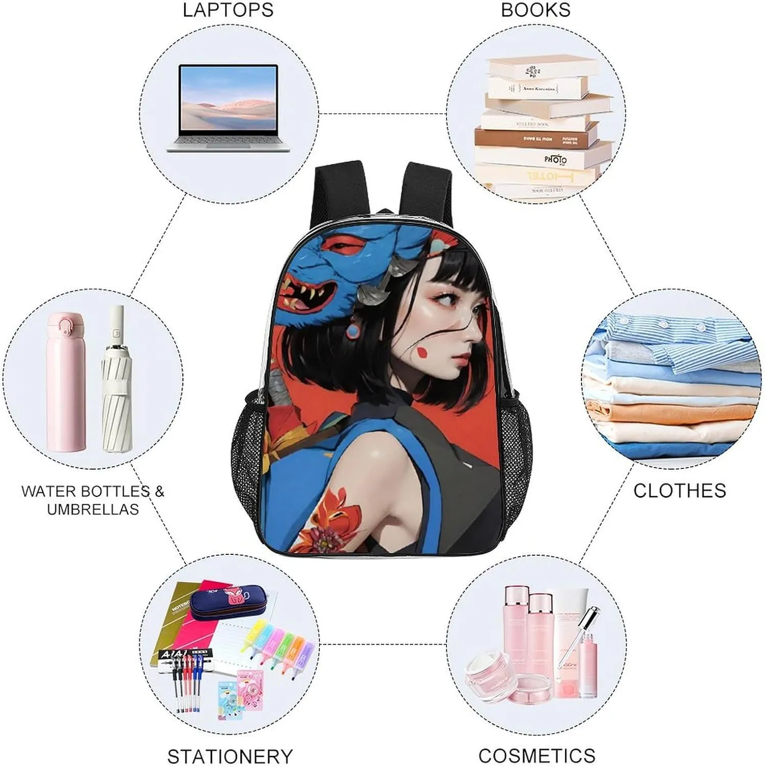 Men Women Lightweight Japan Anime Cute Aesthetic Women Warrior Art Backpack Large Capacity Bookbag Transparent Bag for Gym Business Running