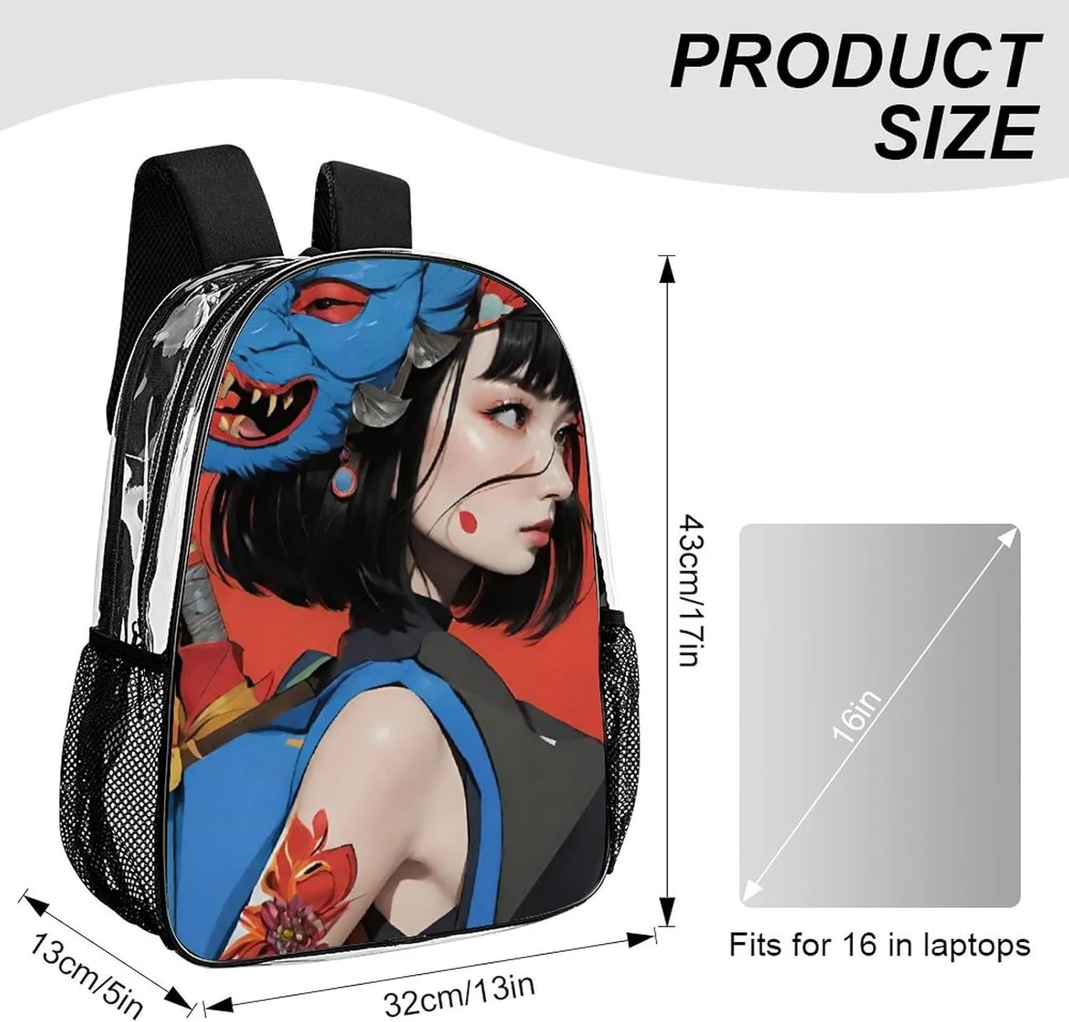 Men Women Lightweight Japan Anime Cute Aesthetic Women Warrior Art Backpack Large Capacity Bookbag Transparent Bag for Gym Business Running