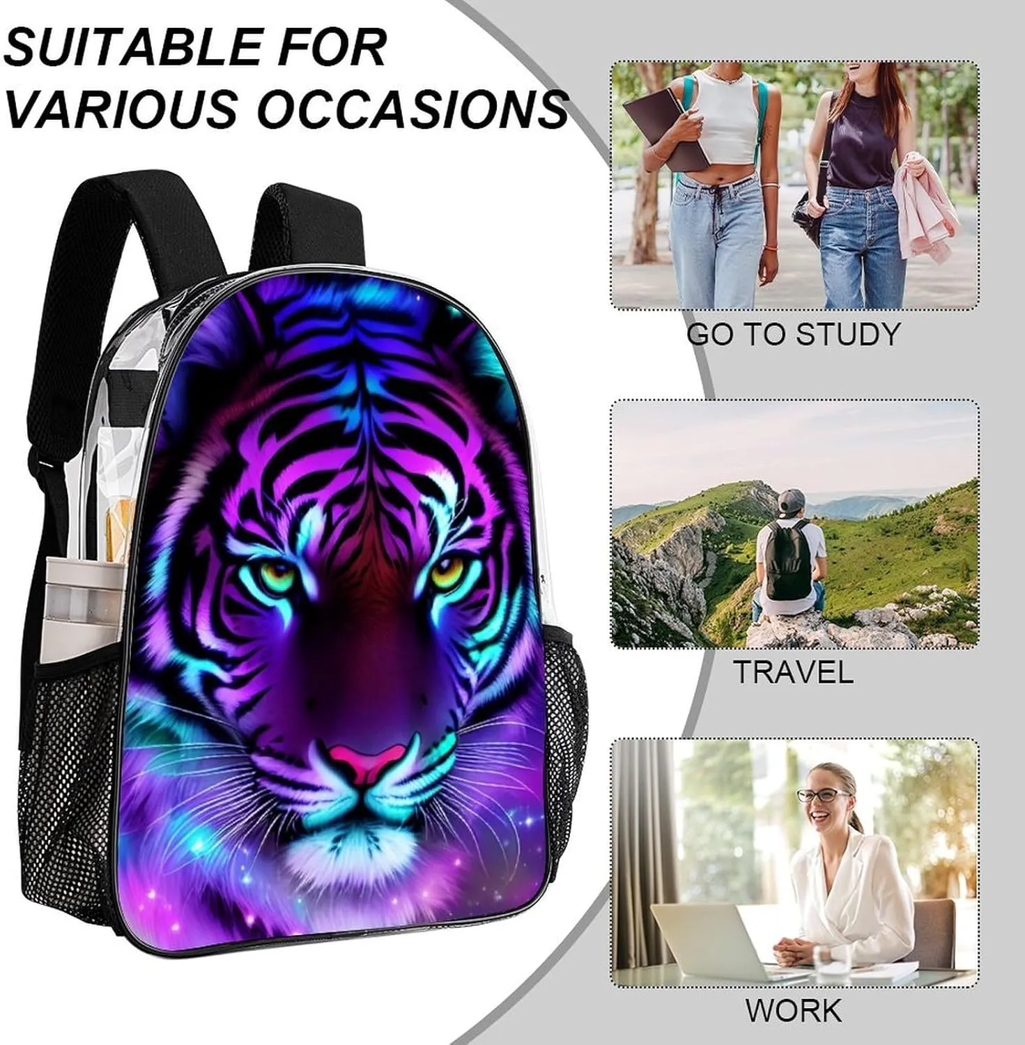 Men Women Lightweight Mystic Fantasy Galaxy Sky Fantasy Tiger Wild Animals Boho Style Backpack Large Capacity Bookbag Transparent Bag for Gym Business Running