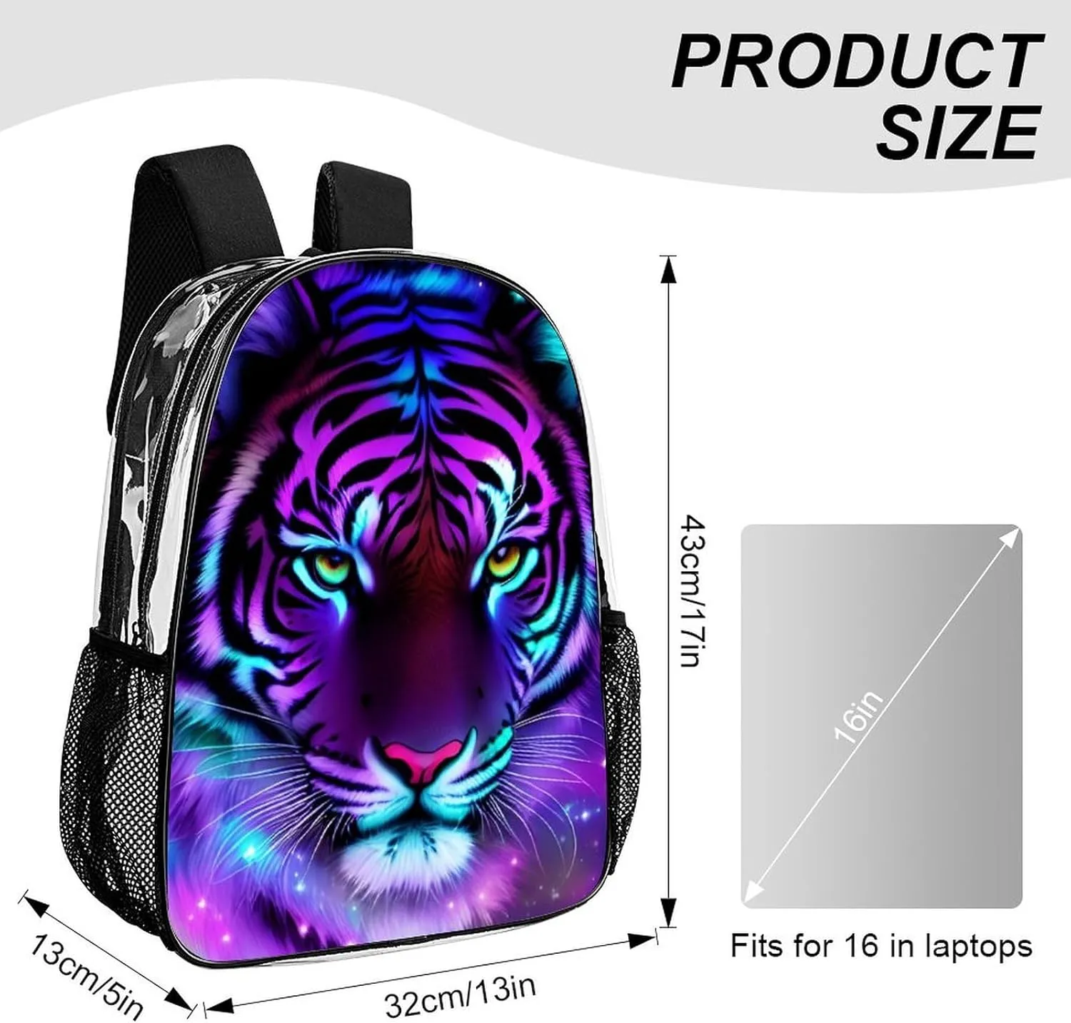 Men Women Lightweight Mystic Fantasy Galaxy Sky Fantasy Tiger Wild Animals Boho Style Backpack Large Capacity Bookbag Transparent Bag for Gym Business Running