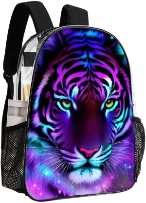 Men Women Lightweight Mystic Fantasy Galaxy Sky Fantasy Tiger Wild Animals Boho Style Backpack Large Capacity Bookbag Transparent Bag for Gym Business Running