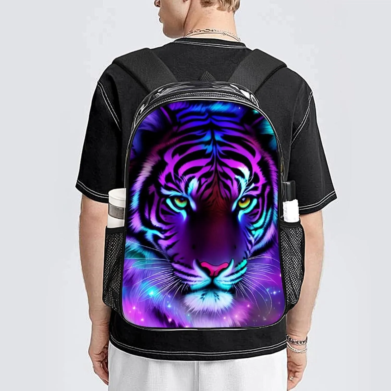 Men Women Lightweight Mystic Fantasy Galaxy Sky Fantasy Tiger Wild Animals Boho Style Backpack Large Capacity Bookbag Transparent Bag for Gym Business Running