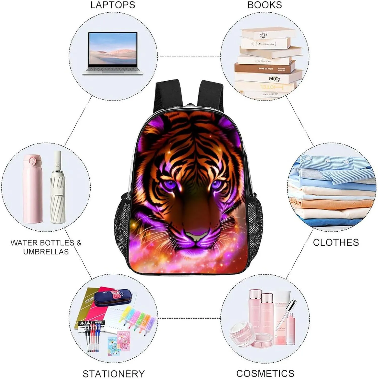 Men Women Lightweight Mystic Fantasy Galaxy Sky Fantasy Tiger Wild Animals Boho Style Backpack Large Capacity Carry On Bag Transparent Bag for Sports Work Walking Cycling