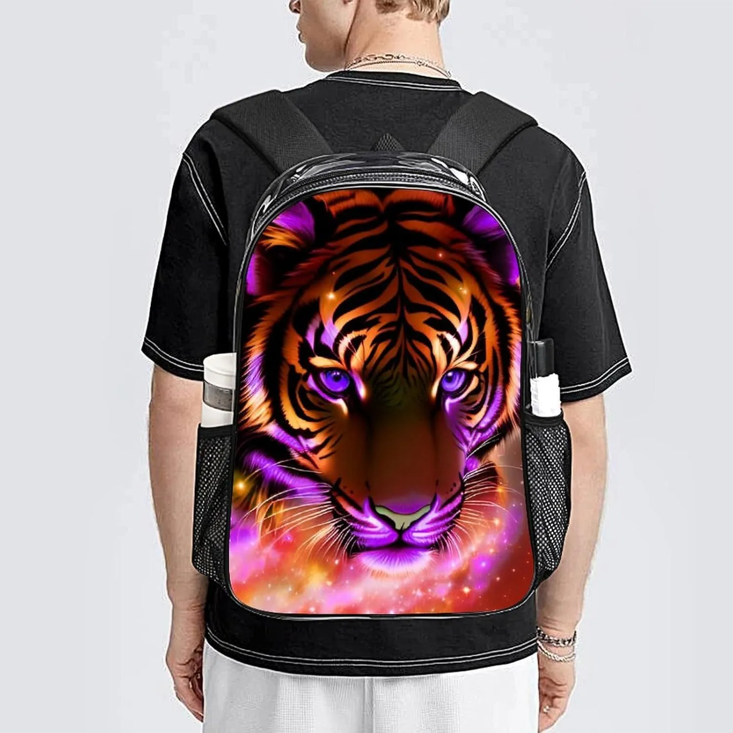 Men Women Lightweight Mystic Fantasy Galaxy Sky Fantasy Tiger Wild Animals Boho Style Backpack Large Capacity Carry On Bag Transparent Bag for Sports Work Walking Cycling