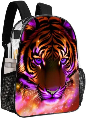 Men Women Lightweight Mystic Fantasy Galaxy Sky Fantasy Tiger Wild Animals Boho Style Backpack Large Capacity Carry On Bag Transparent Bag for Sports Work Walking Cycling