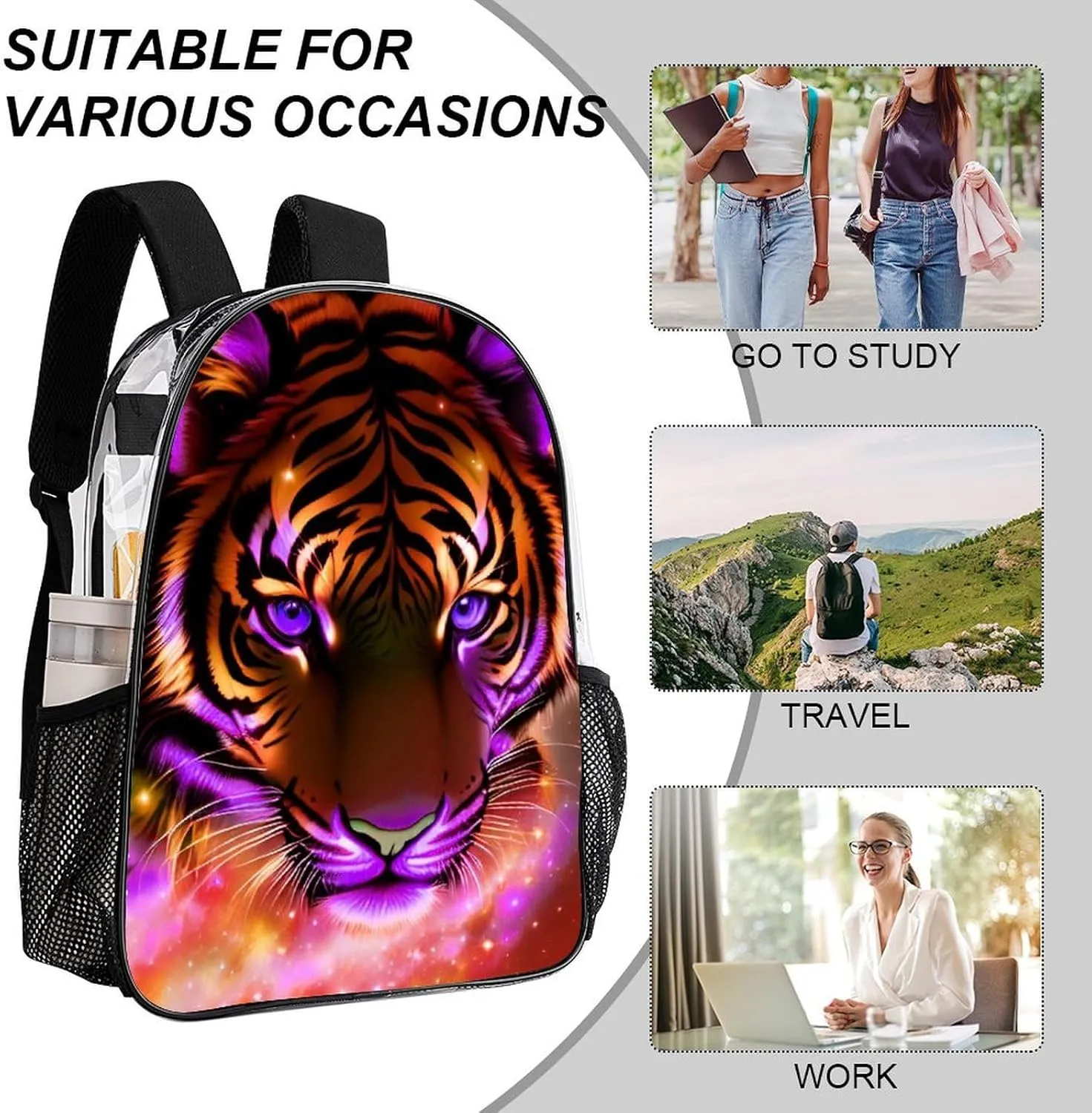 Men Women Lightweight Mystic Fantasy Galaxy Sky Fantasy Tiger Wild Animals Boho Style Backpack Large Capacity Carry On Bag Transparent Bag for Sports Work Walking Cycling