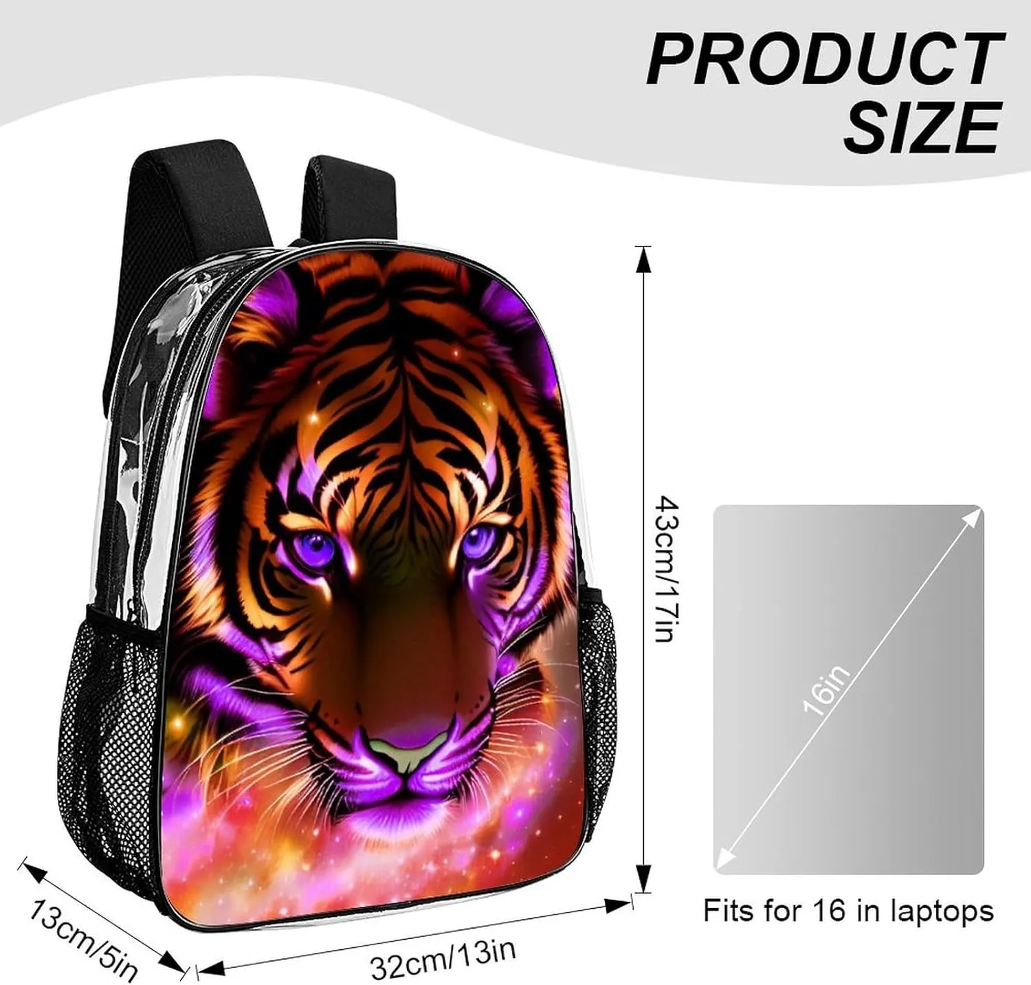 Men Women Lightweight Mystic Fantasy Galaxy Sky Fantasy Tiger Wild Animals Boho Style Backpack Large Capacity Carry On Bag Transparent Bag for Sports Work Walking Cycling