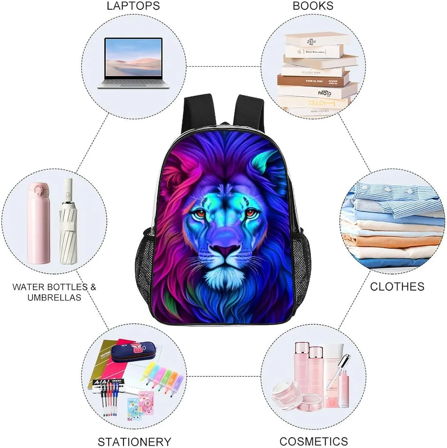 Men Women Lightweight Psychedelic Lion Art Daypack Bookbag Big Capacity Carry On Bag Transparent Bag for Camping Travel Bicycle
