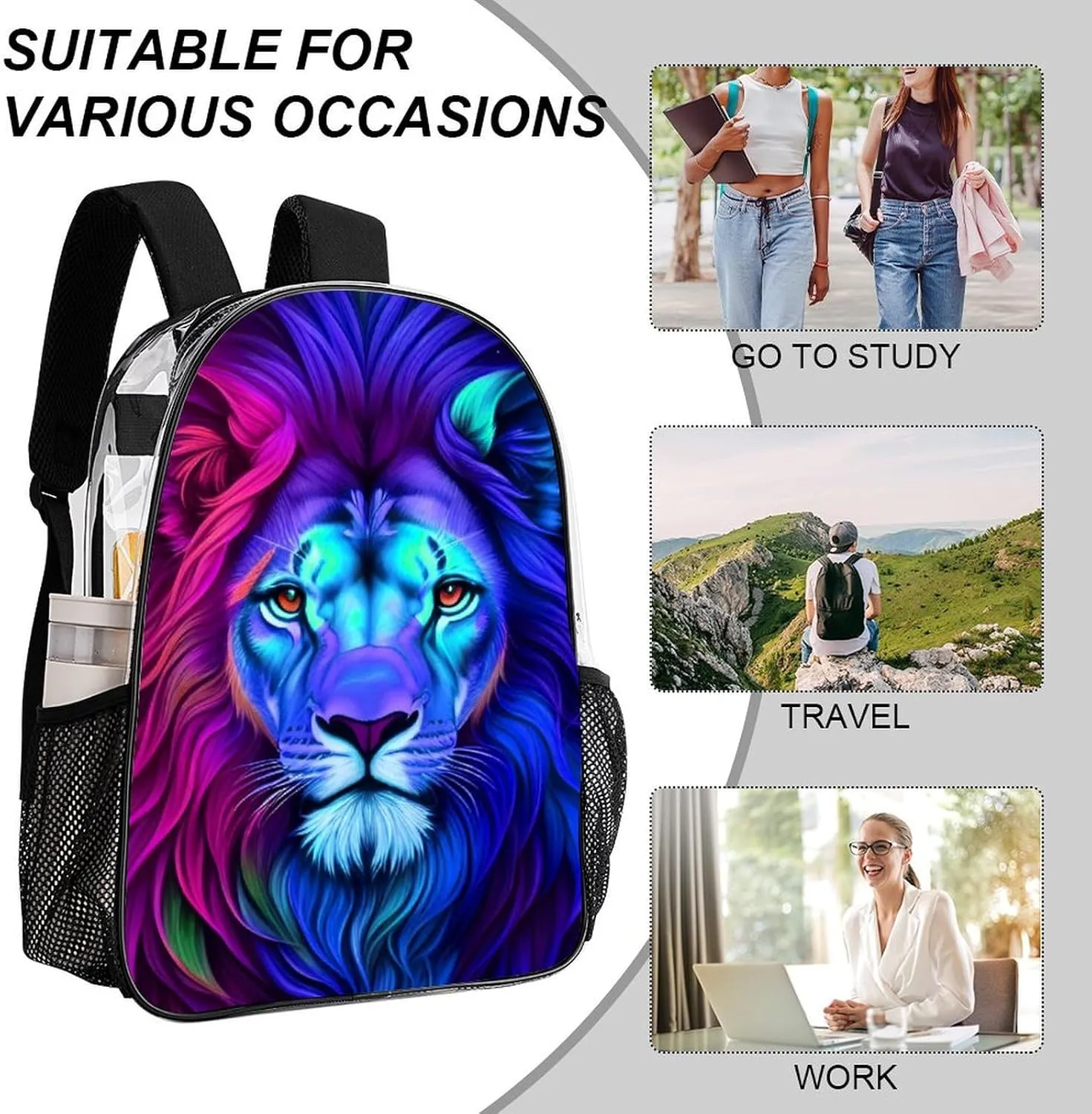 Men Women Lightweight Psychedelic Lion Art Daypack Bookbag Big Capacity Carry On Bag Transparent Bag for Camping Travel Bicycle