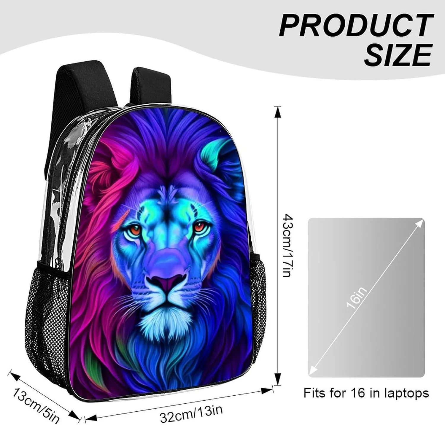Men Women Lightweight Psychedelic Lion Art Daypack Bookbag Big Capacity Carry On Bag Transparent Bag for Camping Travel Bicycle