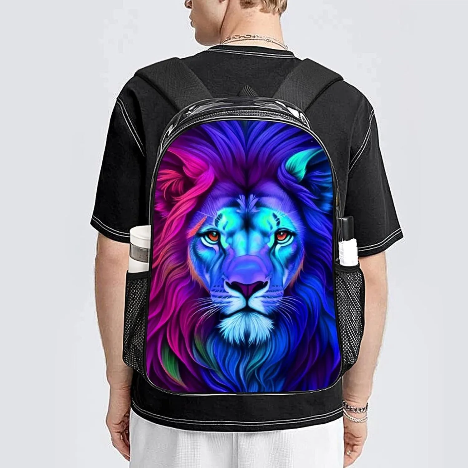 Men Women Lightweight Psychedelic Lion Art Daypack Bookbag Big Capacity Carry On Bag Transparent Bag for Camping Travel Bicycle