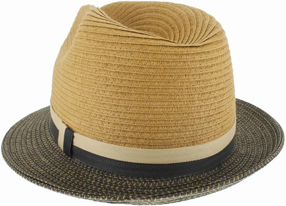 Men Women Summer Woven Straw Trilby Fedora Hat in Ivory Tan Black