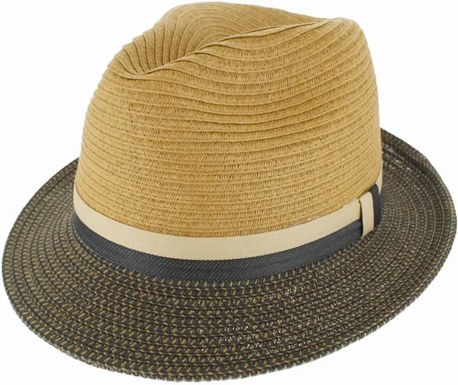 Men Women Summer Woven Straw Trilby Fedora Hat in Ivory Tan Black