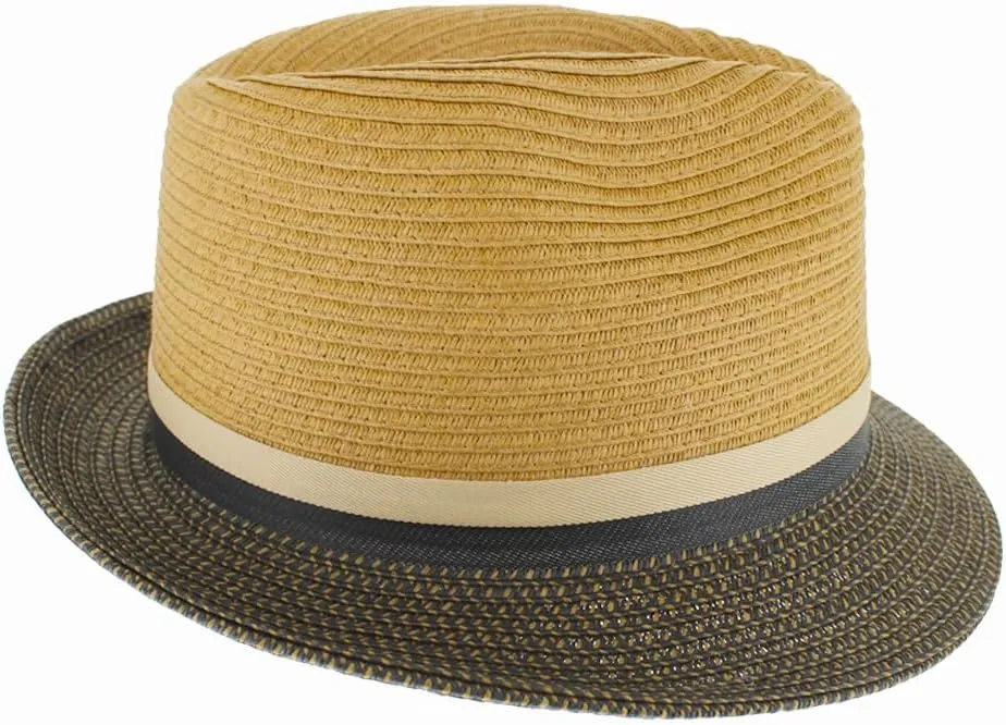 Men Women Summer Woven Straw Trilby Fedora Hat in Ivory Tan Black