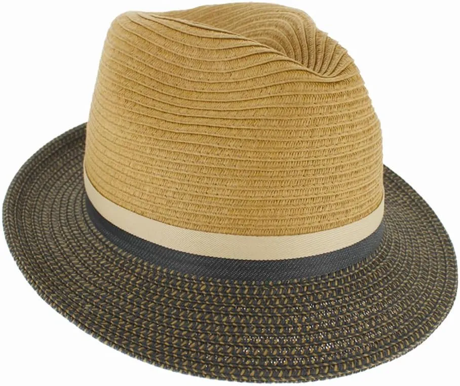 Men Women Summer Woven Straw Trilby Fedora Hat in Ivory Tan Black