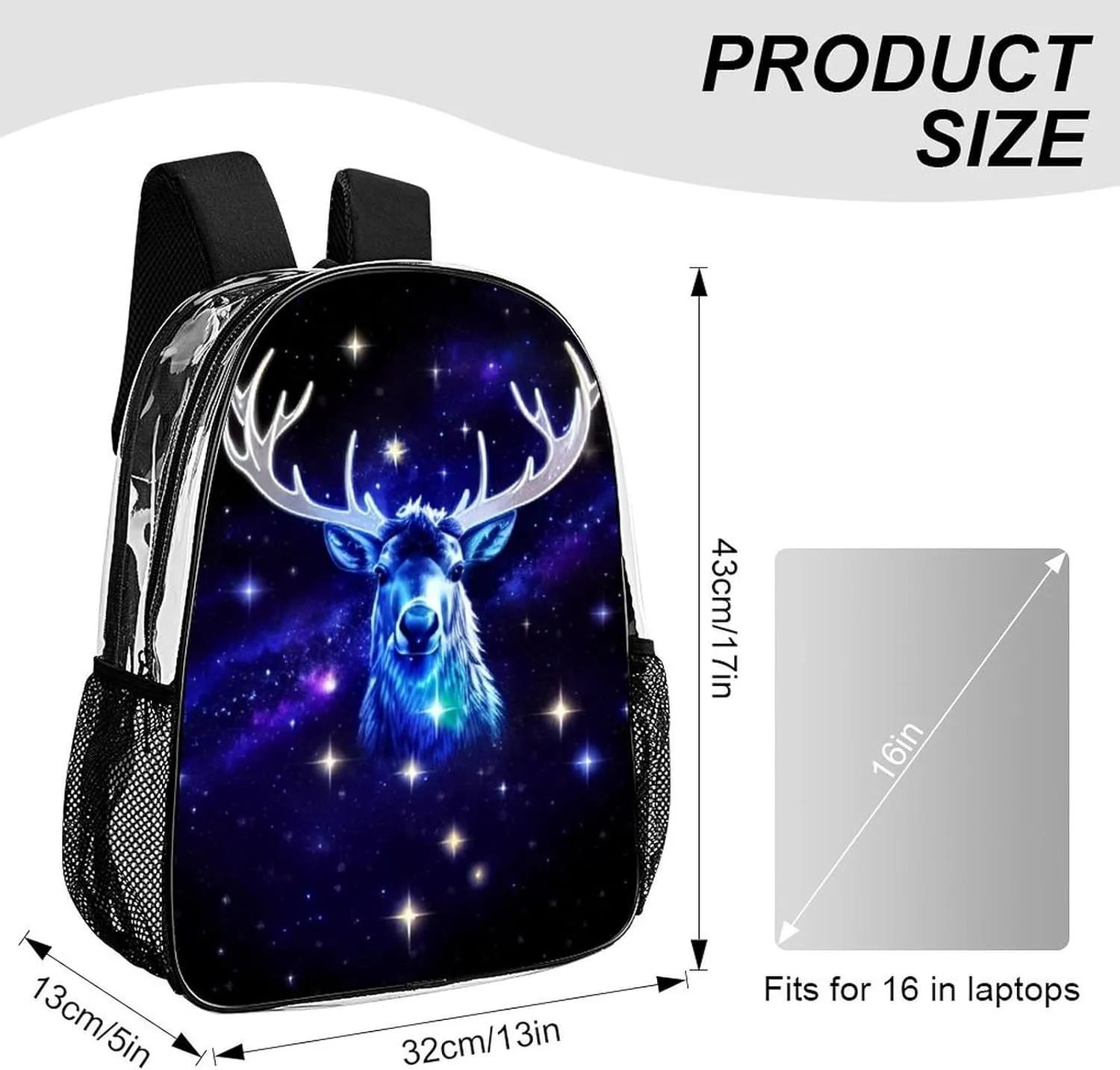 Men Women Transparent Galaxy Starry Sky Christmas Elk Moose Art Daypack Big Capacity Shoulder Bag With Adjustable Shoulder Straps for Camping Travel Walking Cycling