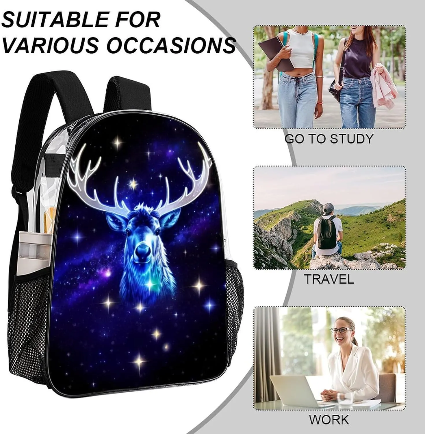 Men Women Transparent Galaxy Starry Sky Christmas Elk Moose Art Daypack Big Capacity Shoulder Bag With Adjustable Shoulder Straps for Camping Travel Walking Cycling