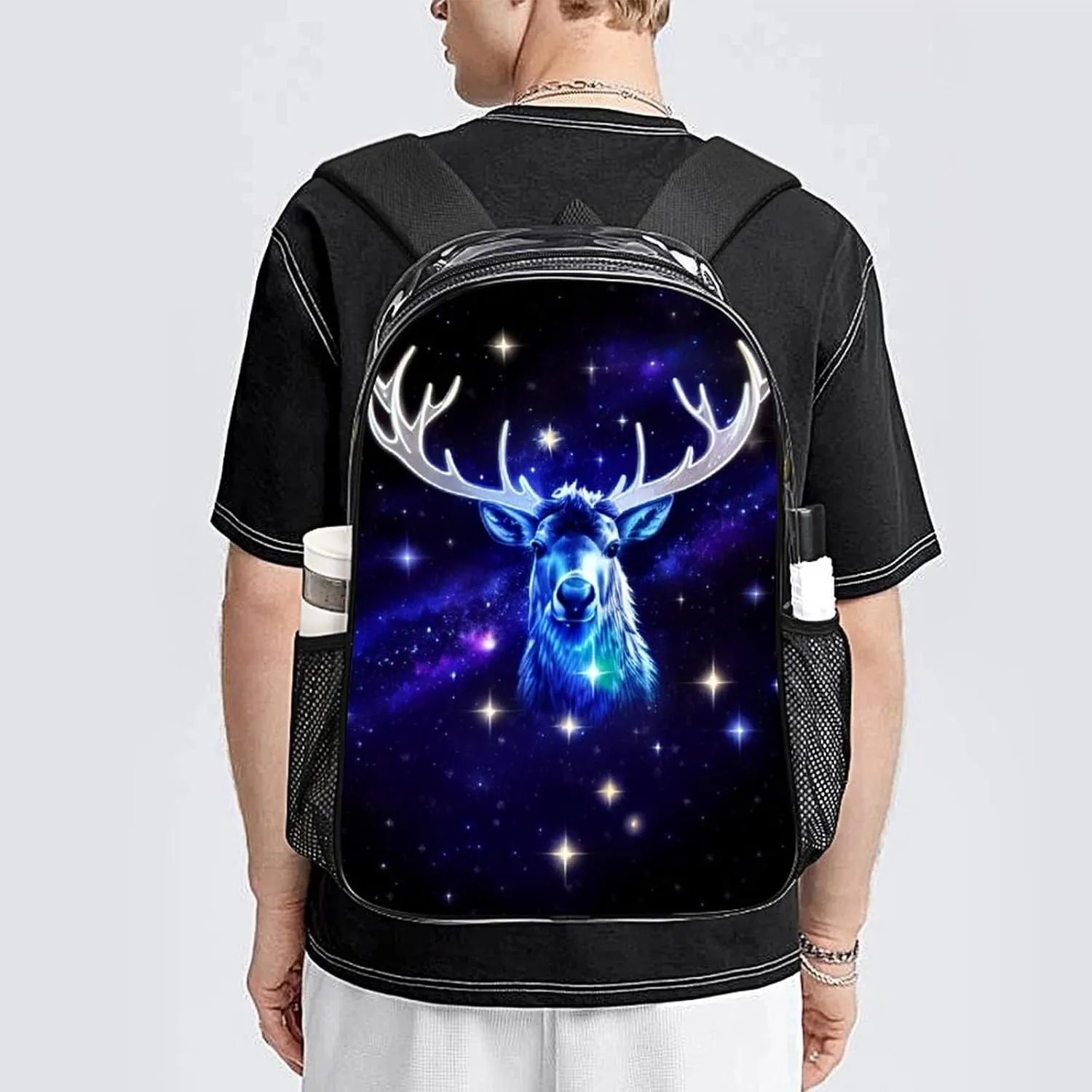 Men Women Transparent Galaxy Starry Sky Christmas Elk Moose Art Daypack Big Capacity Shoulder Bag With Adjustable Shoulder Straps for Camping Travel Walking Cycling