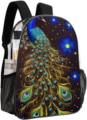 Men Women Transparent Peacock Animal Oil Painting Daypack Big Capacity Shoulder Bag With Adjustable Shoulder Straps for Camping Travel Walking Cycling