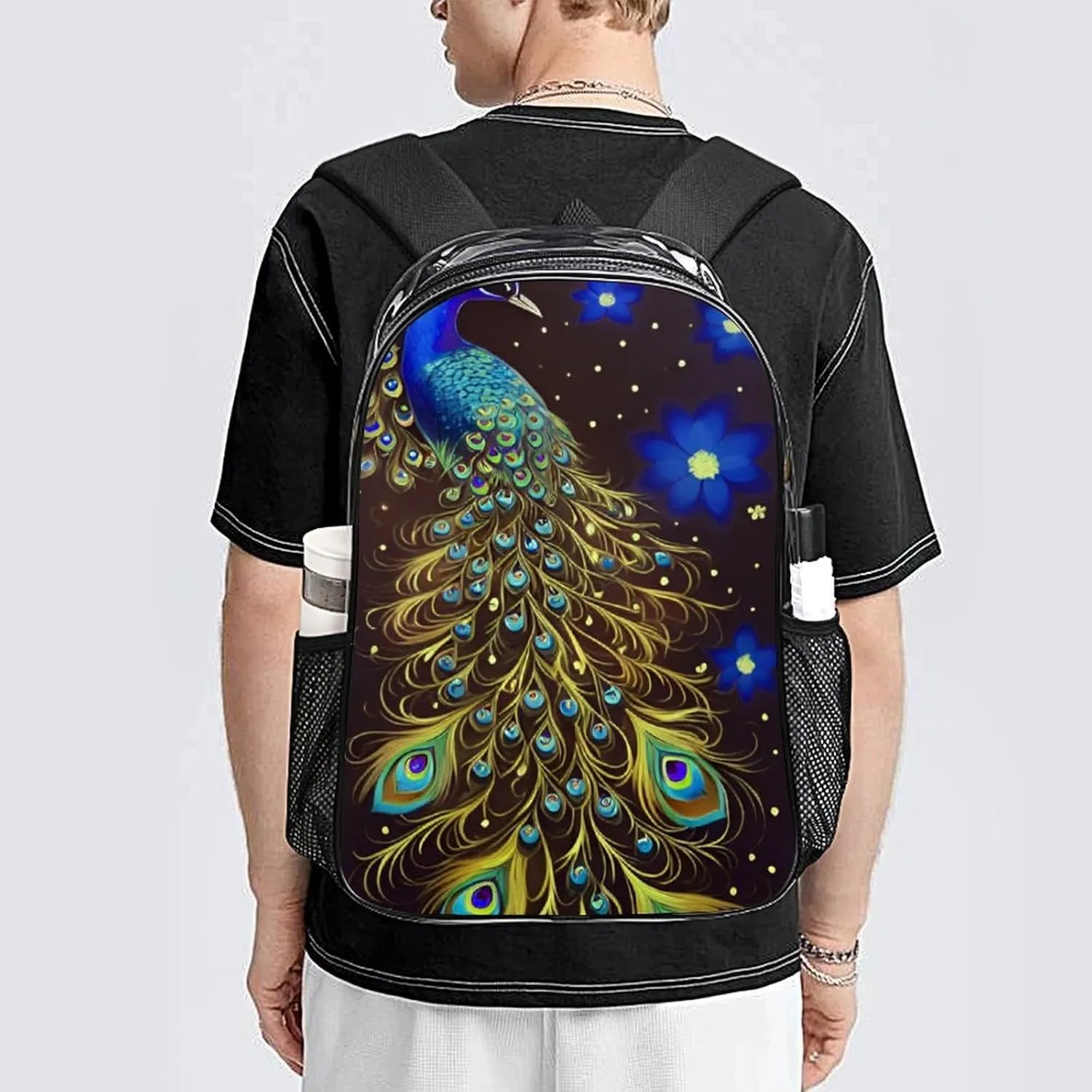 Men Women Transparent Peacock Animal Oil Painting Daypack Big Capacity Shoulder Bag With Adjustable Shoulder Straps for Camping Travel Walking Cycling