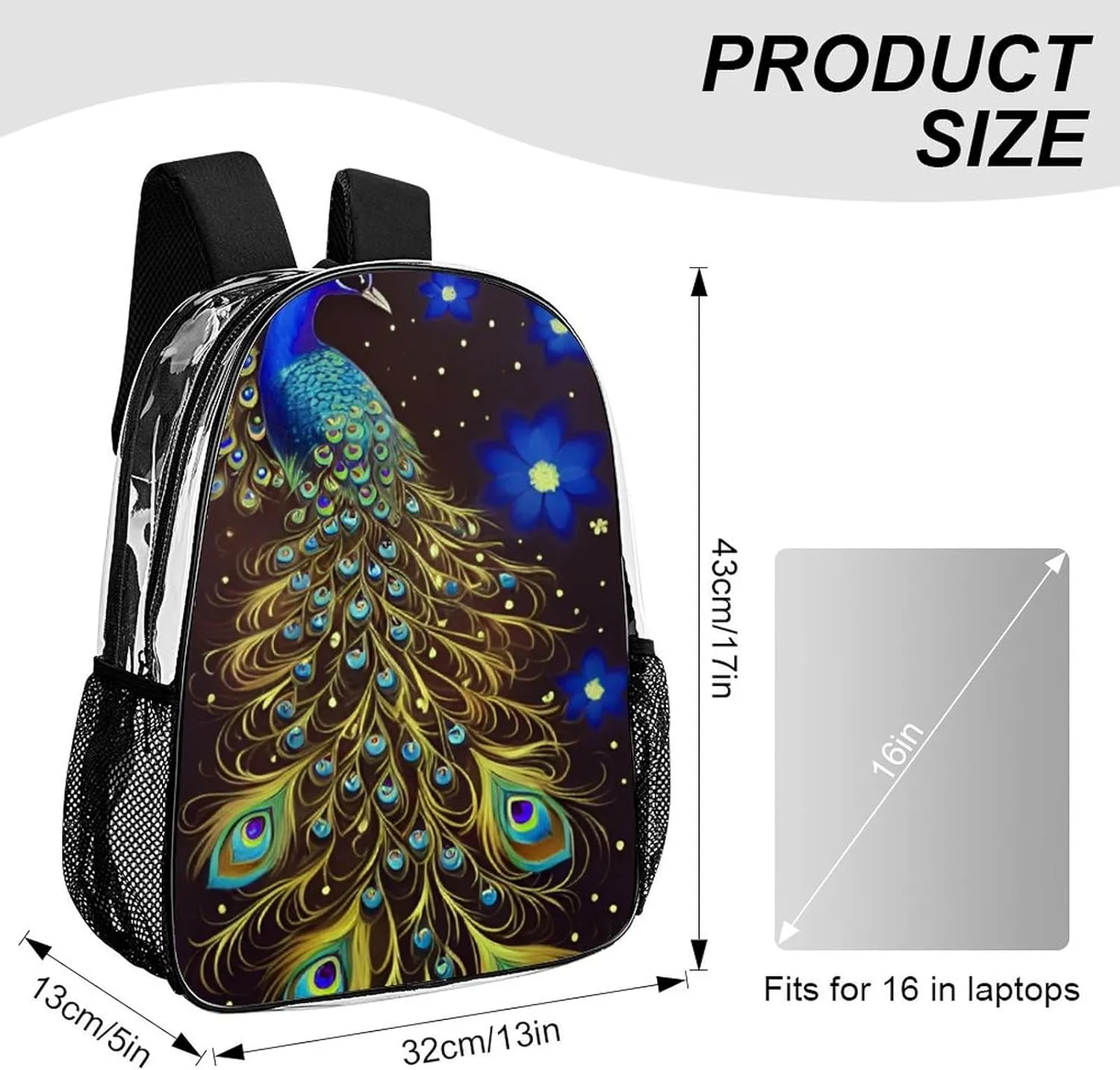 Men Women Transparent Peacock Animal Oil Painting Daypack Big Capacity Shoulder Bag With Adjustable Shoulder Straps for Camping Travel Walking Cycling