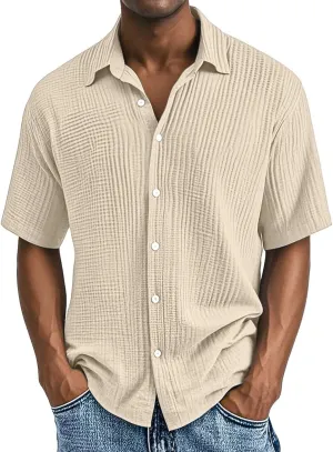 Men's 2025 Fashion Casual Button Down Shirts Short Sleeve Textured Summer Beach Shirt Vintage Ribbed Golf Beach Tops