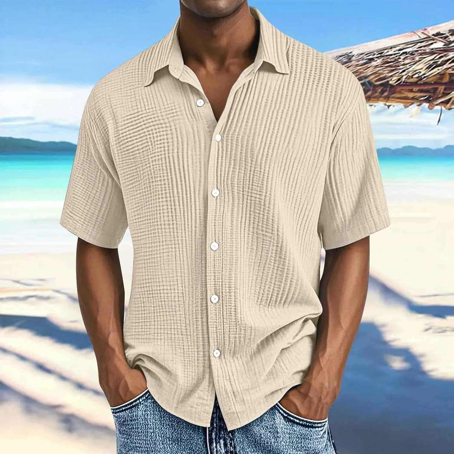 Men's 2025 Fashion Casual Button Down Shirts Short Sleeve Textured Summer Beach Shirt Vintage Ribbed Golf Beach Tops