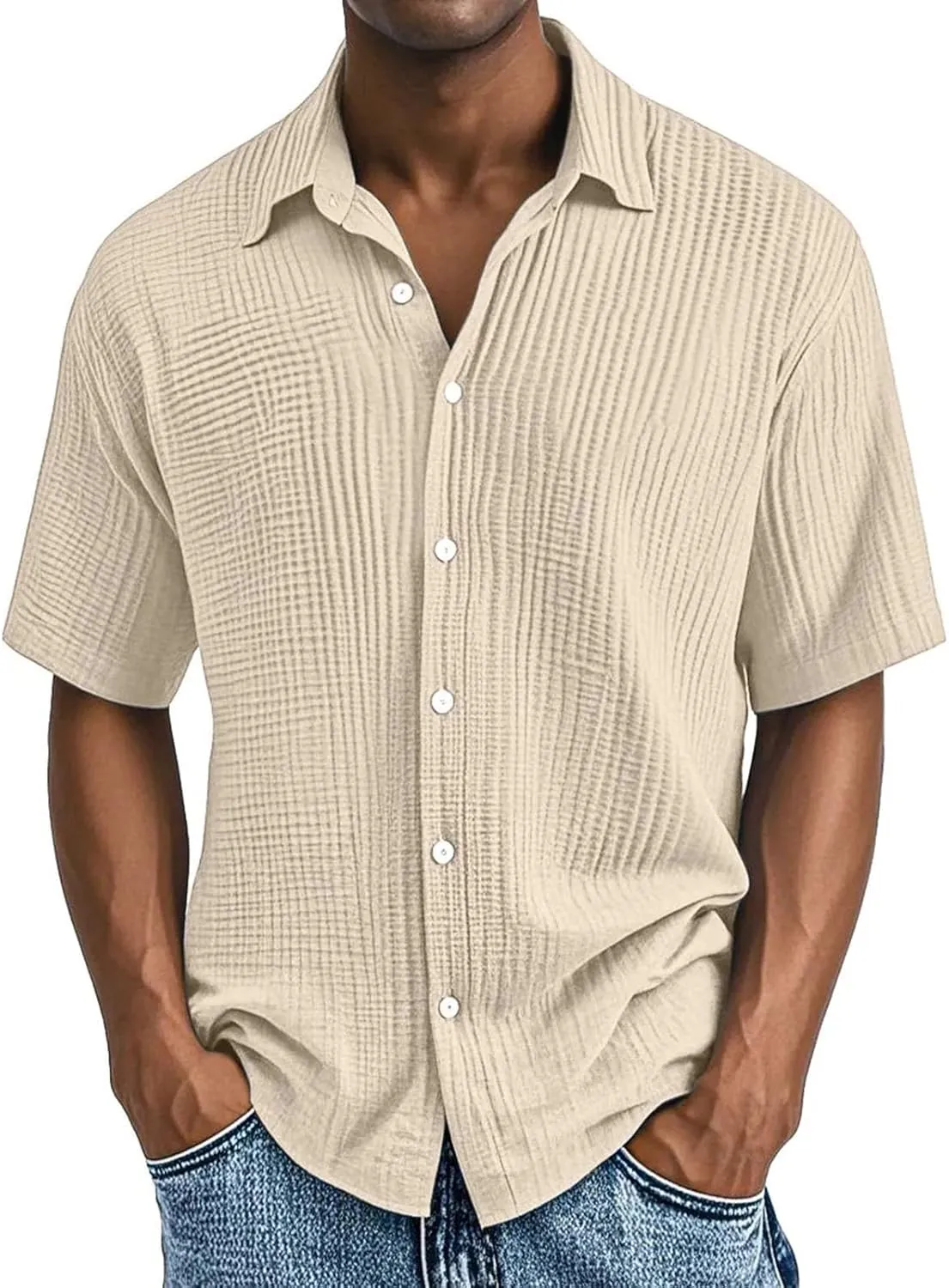 Men's 2025 Fashion Casual Button Down Shirts Short Sleeve Textured Summer Beach Shirt Vintage Ribbed Golf Beach Tops