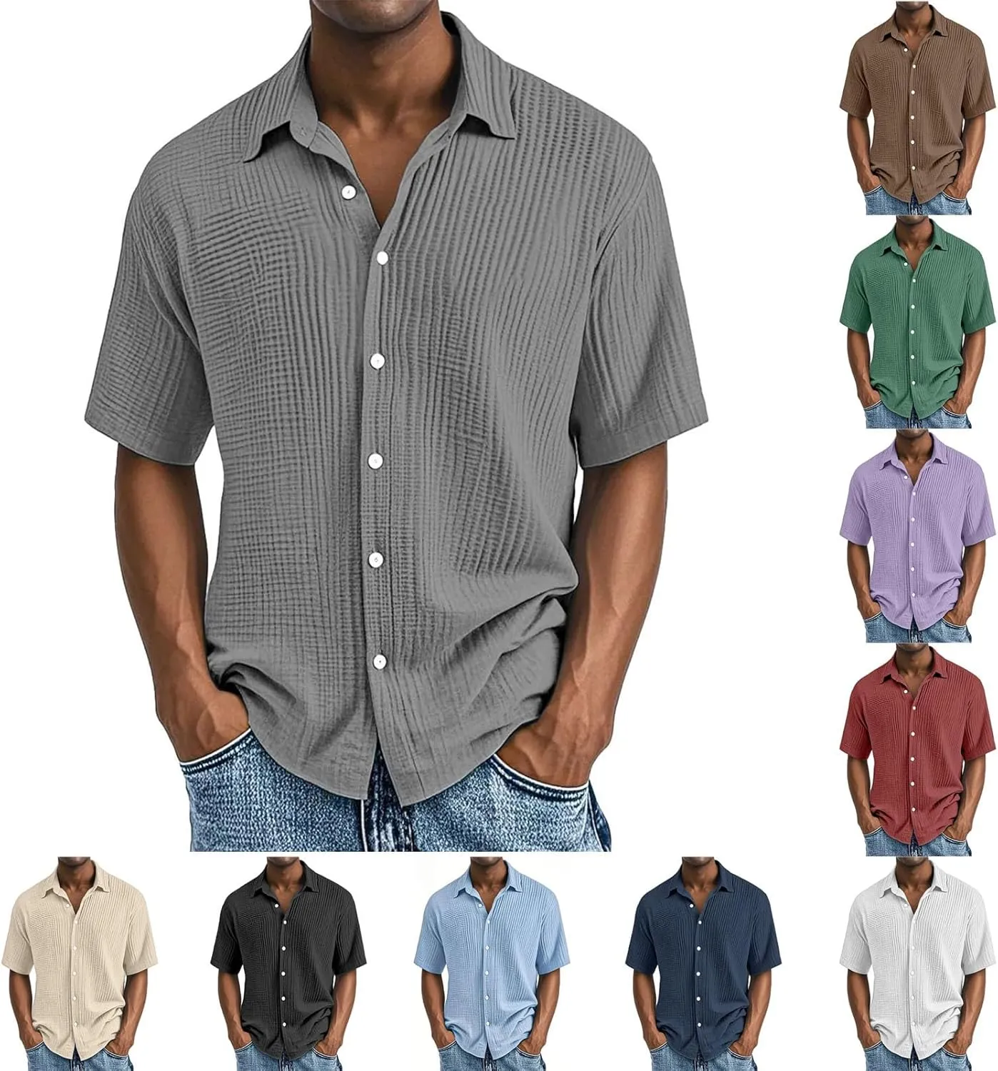 Men's 2025 Fashion Casual Button Down Shirts Short Sleeve Textured Summer Beach Shirt Vintage Ribbed Golf Beach Tops