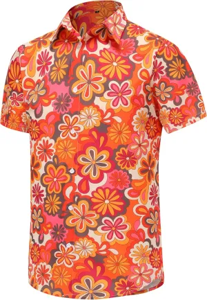Mens 70s Disco Hip Hop Casual Button Down Paisley Floral Vintage Short Sleeve Hip Hop Shirt