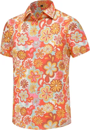 Mens 70s Disco Hip Hop Casual Button Down Paisley Floral Vintage Short Sleeve Hip Hop Shirt