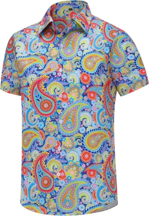 Mens 70s Disco Hip Hop Casual Button Down Paisley Floral Vintage Short Sleeve Hip Hop Shirt