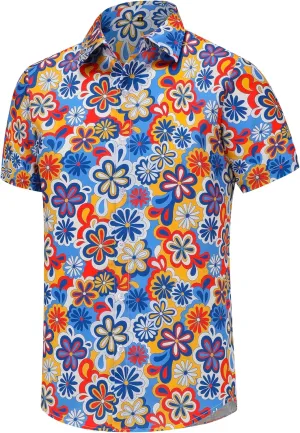 Mens 70s Disco Hip Hop Casual Button Down Paisley Floral Vintage Short Sleeve Hip Hop Shirt