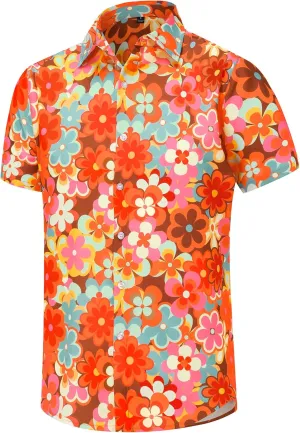 Mens 70s Disco Hip Hop Casual Button Down Paisley Floral Vintage Short Sleeve Hip Hop Shirt