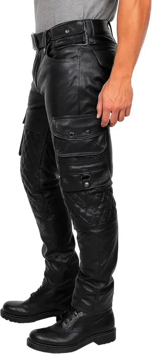 Men's Cargo Real Leather Pants - Black Genuine & Faux Leather Multi Pockets Motorcycle Quilted Pant for Men